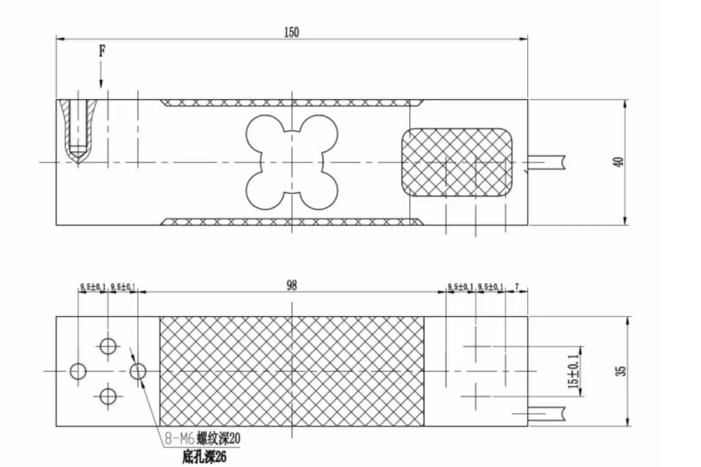 CZL638平行梁式称重传感器的安装尺寸规格图纸，单位为毫米。