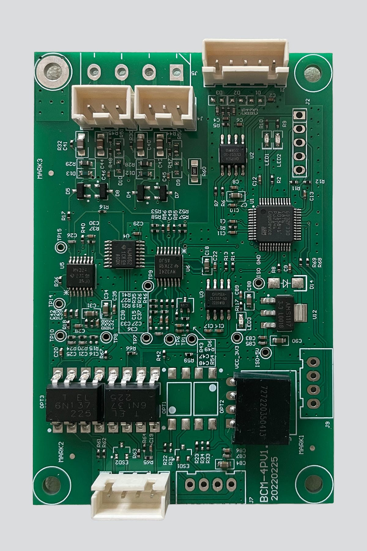 iBodyinfo BCM-4P 四电极双手测量模块 - 电路板正面视图，展示其为便携式设备设计的紧凑布局。