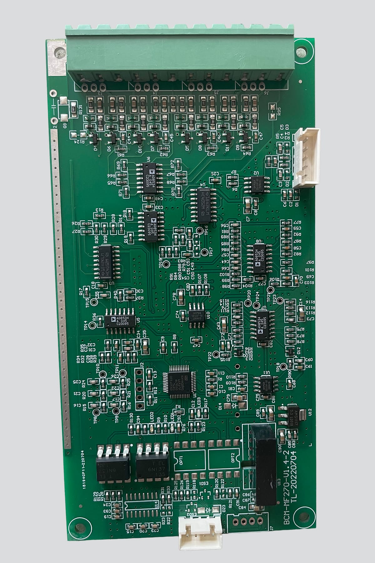iBodyinfo BCM-MF270 八电极双频测量模块 - 电路板正面视图，展示其为商用体脂秤设计的核心电路。